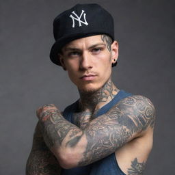 A rebellious young man with detailed, cool tattoos covering his arms and wearing a stylish cap.