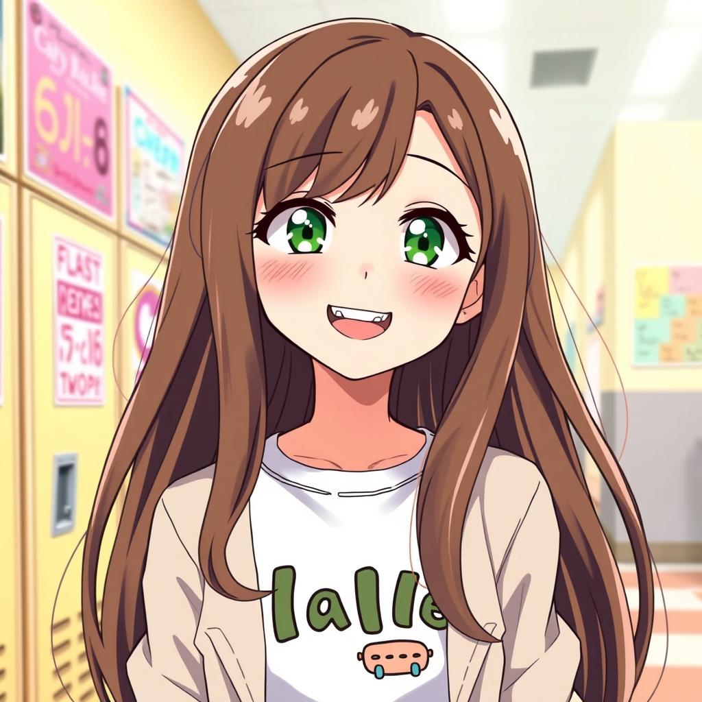 A charming anime illustration of a 15-year-old girl with long, brown hair and bright green eyes, featuring an adorable smile that showcases her braces