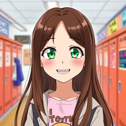 A charming anime illustration of a 15-year-old girl with long, brown hair and bright green eyes, featuring an adorable smile that showcases her braces