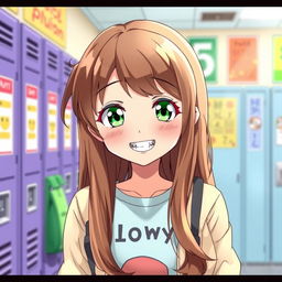 A charming anime illustration of a 15-year-old girl with long, brown hair and bright green eyes, featuring an adorable smile that showcases her braces