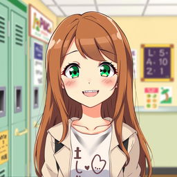 A charming anime illustration of a 15-year-old girl with long, brown hair and bright green eyes, featuring an adorable smile that showcases her braces