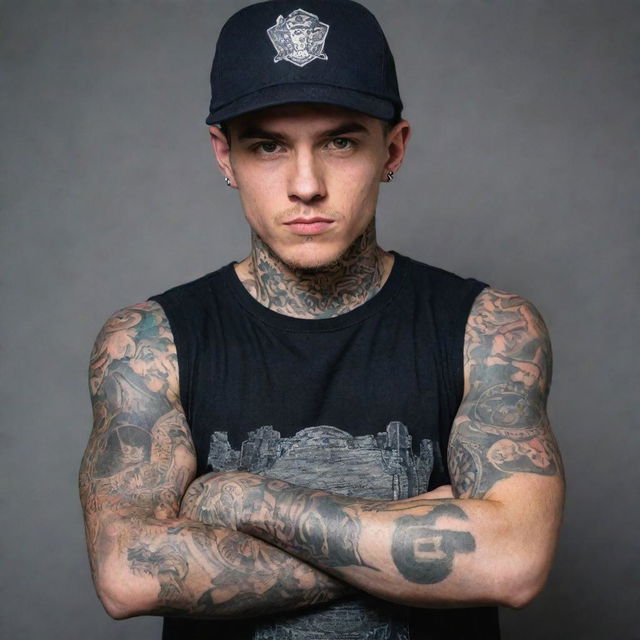 A rebellious young man with detailed, cool tattoos covering his arms and wearing a stylish cap.