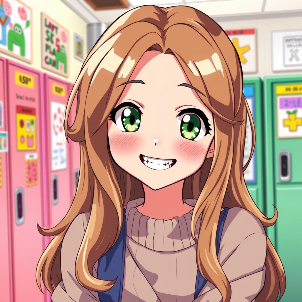 A captivating anime illustration of a 15-year-old girl with long, wavy brown hair and striking green eyes