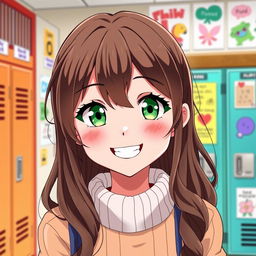 A captivating anime illustration of a 15-year-old girl with long, wavy brown hair and striking green eyes