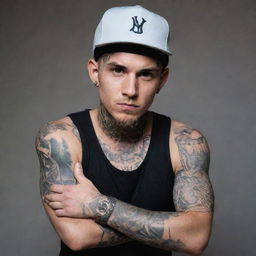 A rebellious young man with detailed, cool tattoos covering his arms and wearing a stylish cap.