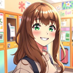 A captivating anime illustration of a 15-year-old girl with long, wavy brown hair and striking green eyes