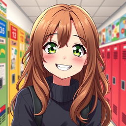 A captivating anime illustration of a 15-year-old girl with long, wavy brown hair and striking green eyes