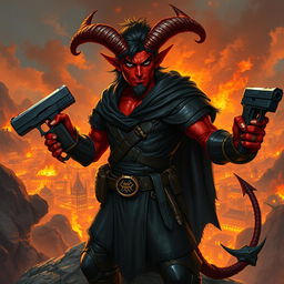 Gumong Steamfire, a 32-year-old young adult tiefling barbarian, portrayed in a vivid fantasy setting