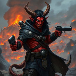 Gumong Steamfire, a 32-year-old young adult tiefling barbarian, portrayed in a vivid fantasy setting