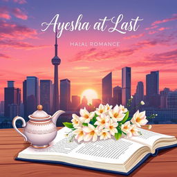 An illustrated book cover for a halal romance titled 'Ayesha At Last', measuring 14x21 cm