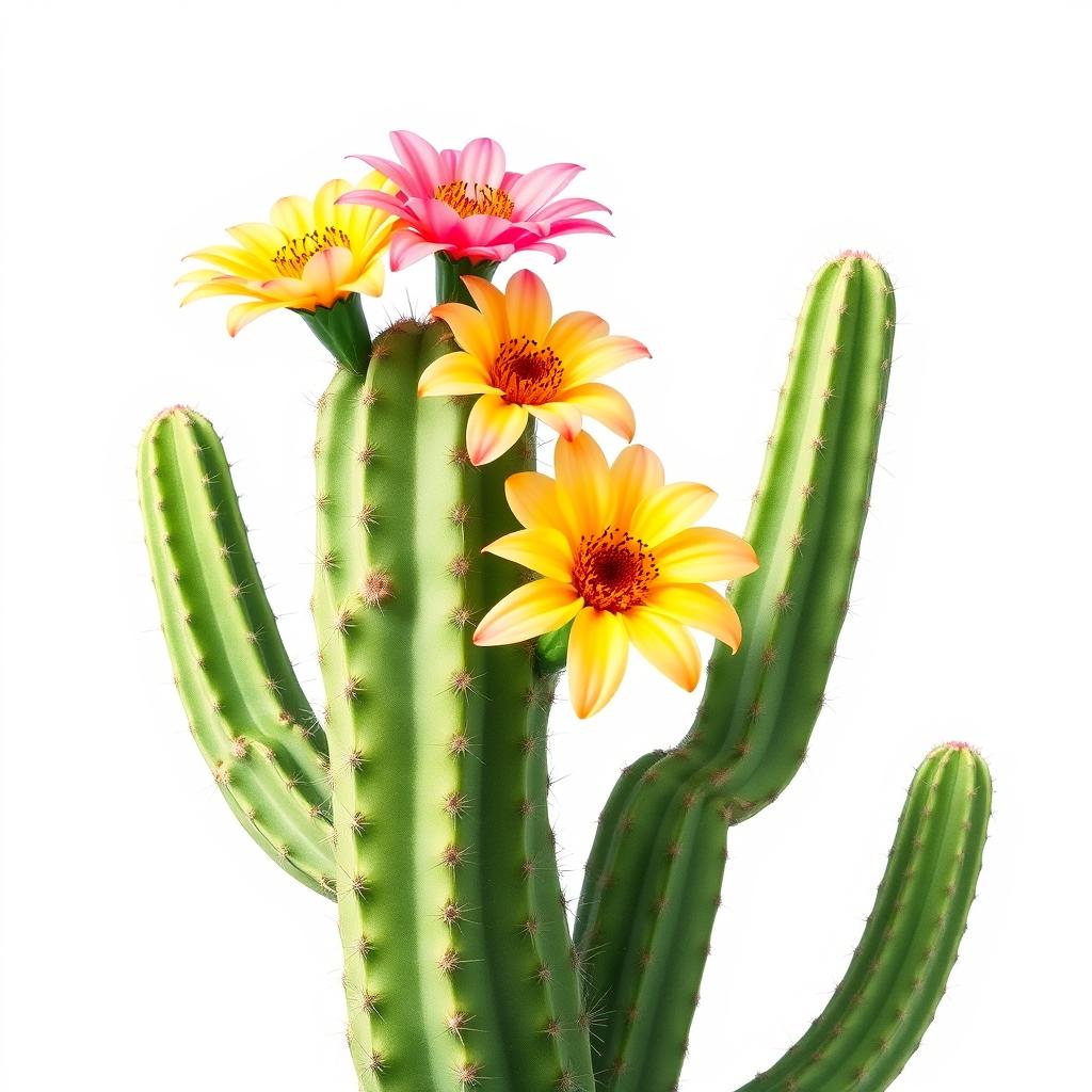 A stunning illustration of a cardón cactus in full bloom, prominently featuring its vibrant flowers against a clean white background