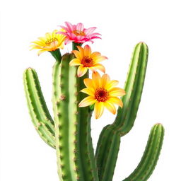 A stunning illustration of a cardón cactus in full bloom, prominently featuring its vibrant flowers against a clean white background