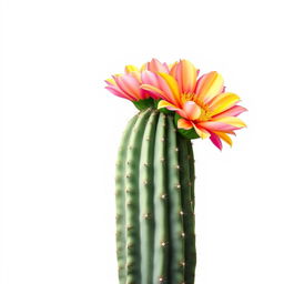 A stunning illustration of a cardón cactus in full bloom, prominently featuring its vibrant flowers against a clean white background