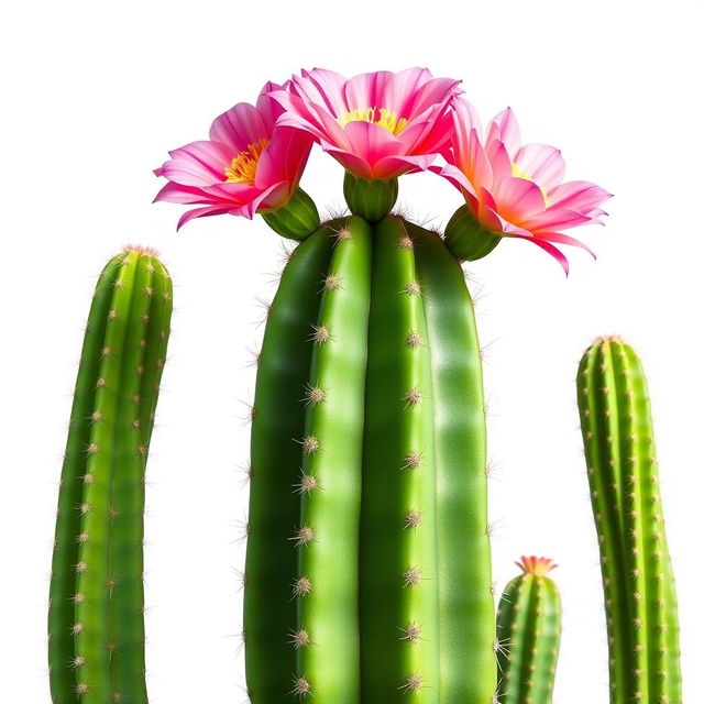 A stunning illustration of a cardón cactus in full bloom, prominently featuring its vibrant flowers against a clean white background