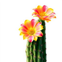 A stunning illustration of a cardón cactus in full bloom, prominently featuring its vibrant flowers against a clean white background