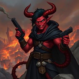 Gumong Steamfire, a 32-year-old young adult tiefling barbarian, illustrated in a captivating fantasy scene