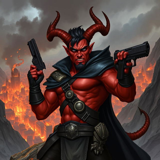 Gumong Steamfire, a 32-year-old young adult tiefling barbarian, illustrated in a captivating fantasy scene