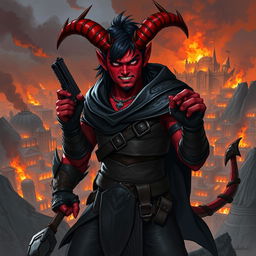 Gumong Steamfire, a 32-year-old young adult tiefling barbarian, illustrated in a captivating fantasy scene