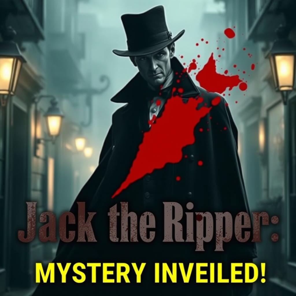 A dramatic and captivating YouTube thumbnail showcasing Jack the Ripper in a Victorian London setting