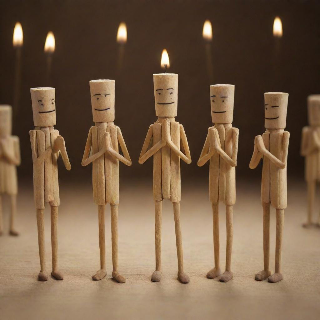 A group of anthropomorphic matchsticks, holding each other's hands in unity, solemnly praying with a backdrop of their family. Capture the emotion and depth typical of an animated film scene.