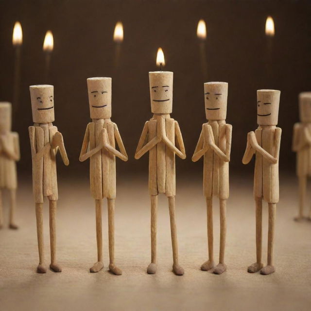 A group of anthropomorphic matchsticks, holding each other's hands in unity, solemnly praying with a backdrop of their family. Capture the emotion and depth typical of an animated film scene.