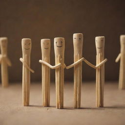 A group of anthropomorphic matchsticks, holding each other's hands in unity, solemnly praying with a backdrop of their family. Capture the emotion and depth typical of an animated film scene.