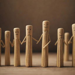 A group of anthropomorphic matchsticks, holding each other's hands in unity, solemnly praying with a backdrop of their family. Capture the emotion and depth typical of an animated film scene.