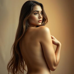 A beautiful and tasteful portrait of a nude woman in an artistic pose, showcasing natural beauty and elegance