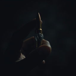 A dark, ominous hand holding a bullet adorned with two intertwined hearts