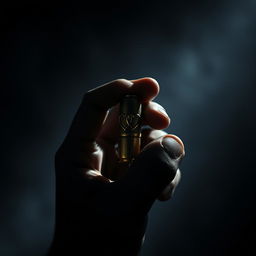 A dark, ominous hand holding a bullet adorned with two intertwined hearts