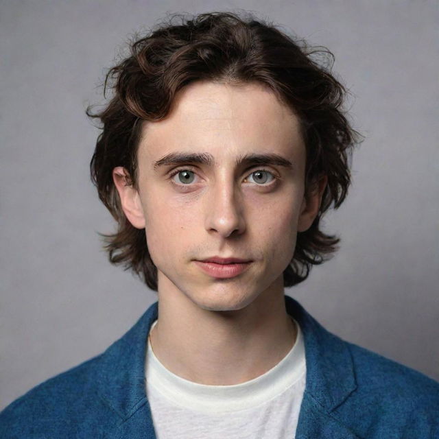 A highly detailed and realistic portrait of Timothee Chalamet looking towards the viewer with a friendly gaze, wearing casual modern clothing.