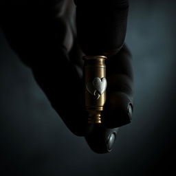 A dark, ominous hand holding a bullet adorned with two intertwined hearts