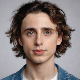 A highly detailed and realistic portrait of Timothee Chalamet looking towards the viewer with a friendly gaze, wearing casual modern clothing.