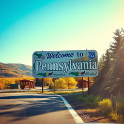 A picturesque roadside scene featuring a large, vibrant welcome sign that reads 'Welcome to Pennsylvania'