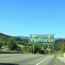 A picturesque roadside scene featuring a large, vibrant welcome sign that reads 'Welcome to Pennsylvania'