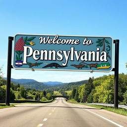 A picturesque roadside scene featuring a large, vibrant welcome sign that reads 'Welcome to Pennsylvania'