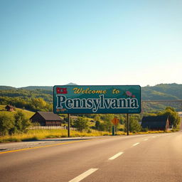 A picturesque roadside scene featuring a large, vibrant welcome sign that reads 'Welcome to Pennsylvania'