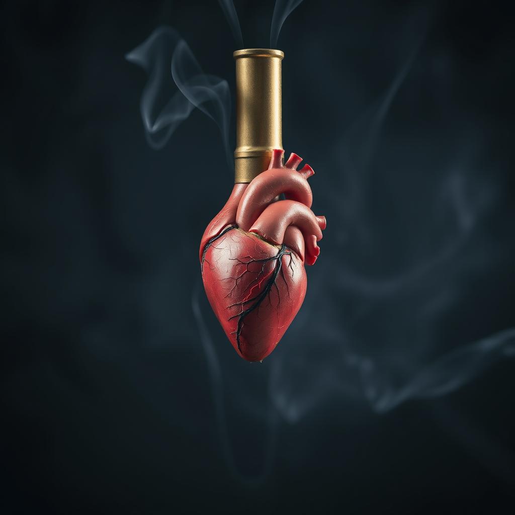 A striking image of a bullet suspended in the air, with a human heart emerging from its center