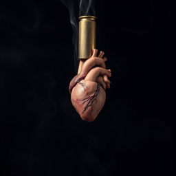 A striking image of a bullet suspended in the air, with a human heart emerging from its center