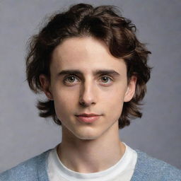 A highly detailed and realistic portrait of Timothee Chalamet looking towards the viewer with a friendly gaze, wearing casual modern clothing.