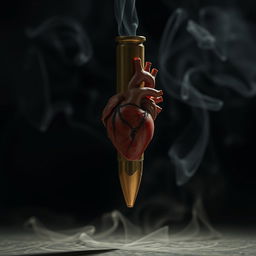 A striking image of a bullet suspended in the air, with a human heart emerging from its center