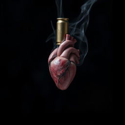 A striking image of a bullet suspended in the air, with a human heart emerging from its center