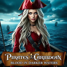 A captivating movie poster for 'Pirates of the Caribbean: Blood in Darker Waters', featuring a stunning young woman captain with long, flowing white hair and striking blue eyes