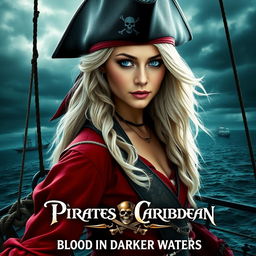 A captivating movie poster for 'Pirates of the Caribbean: Blood in Darker Waters', featuring a stunning young woman captain with long, flowing white hair and striking blue eyes