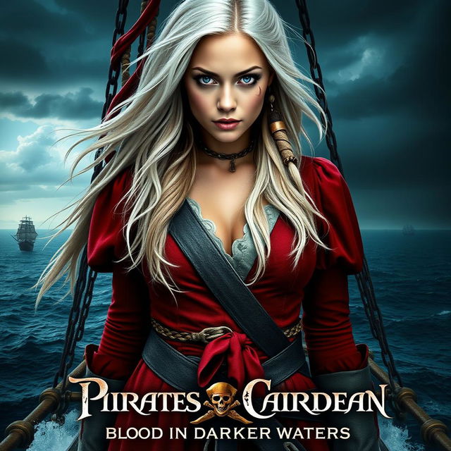 A captivating movie poster for 'Pirates of the Caribbean: Blood in Darker Waters', featuring a stunning young woman captain with long, flowing white hair and striking blue eyes