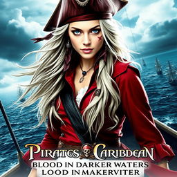 A captivating movie poster for 'Pirates of the Caribbean: Blood in Darker Waters', featuring a stunning young woman captain with long, flowing white hair and striking blue eyes