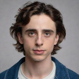 A highly detailed and realistic portrait of Timothee Chalamet looking towards the viewer with a friendly gaze, wearing casual modern clothing.