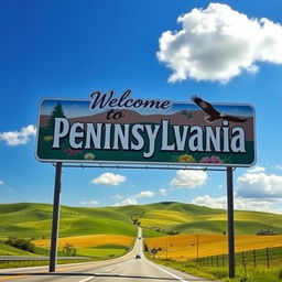 A captivating roadside scene featuring a large, welcoming sign that says 'Welcome to Pennsylvania'