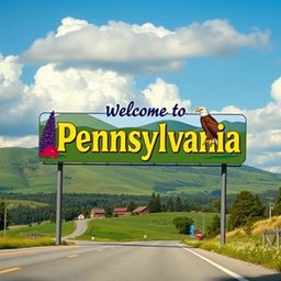 A captivating roadside scene featuring a large, welcoming sign that says 'Welcome to Pennsylvania'