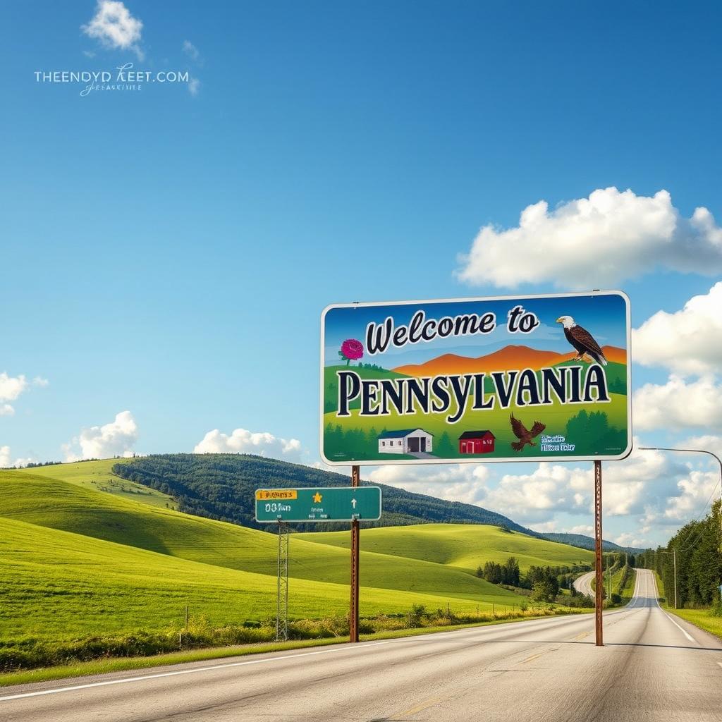 A captivating roadside scene featuring a large, welcoming sign that says 'Welcome to Pennsylvania'